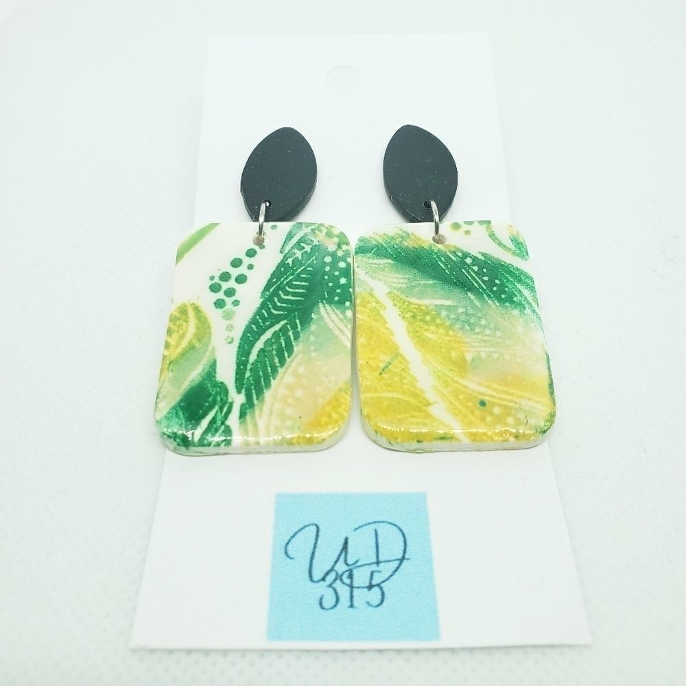 Handmade clay earrings, leaf print design